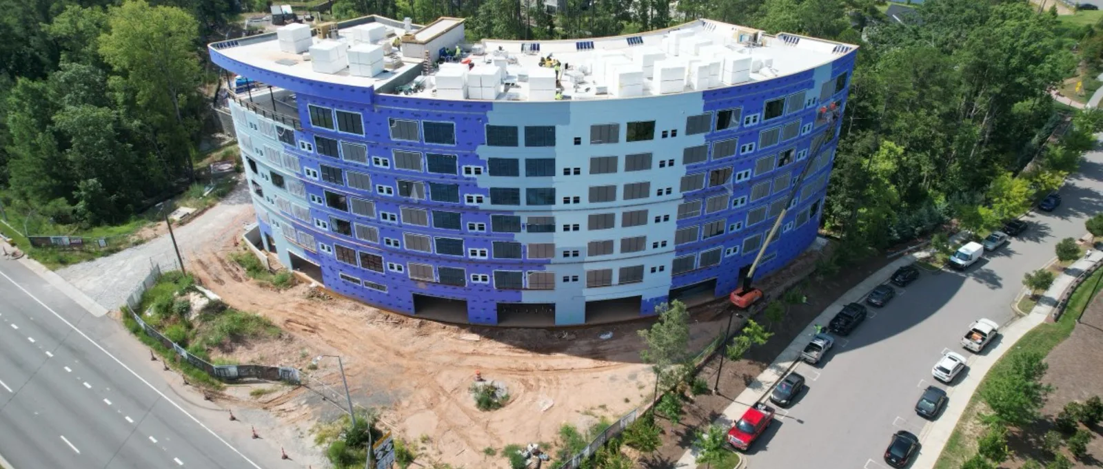 Aerial view of the seven-story AC Hotel in Cary under construction